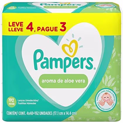 Caixa de lenços umedecidos Pampers com aroma de aloe vera, contendo 192 unidades em formato retangular com cores verde e amarela predominantes.