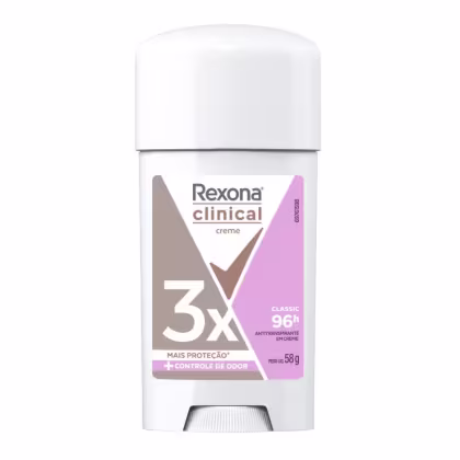 Embalagem branca de desodorante antitranspirante em creme da marca Rexona Clinical, com rótulo cinza e roxo destacando a proteção 3x e o controle de odor.