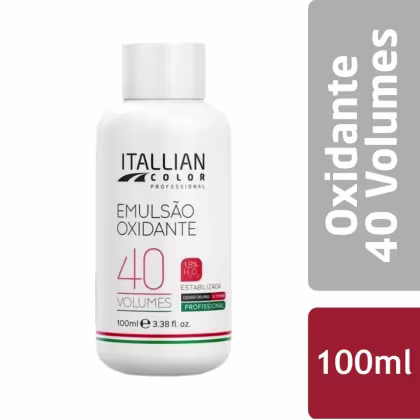 Produto de coloração capilar oxidante da marca Itallian Color Professional. Rótulo indicando "Emulsão Oxidante 40 Volumes" com 18% de peróxido de hidrogênio estabilizado. Volume de 100ml