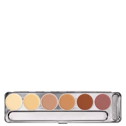 Paleta de corretivos Kryolan em embalagem prateada com 6 tons de cores variando de bege claro a marrom escuro, apresentada em formato compacto e prática.