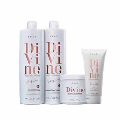 A imagem mostra uma linha de produtos para cabelos da marca Brae. Há dois frascos grandes de shampoo e condicionador Divine, um pote de tratamento capilar e um tubo de leave-in da mesma linha.