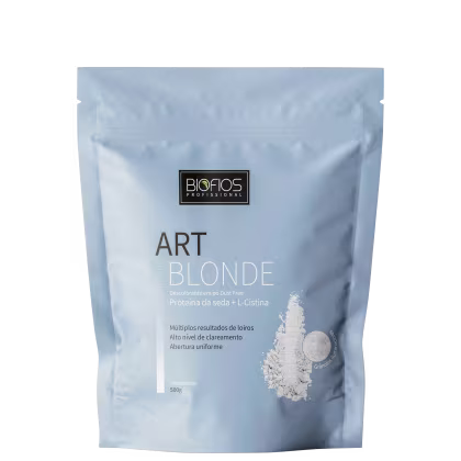 Pacote de pó descolorante da linha Art Blonde da Biofios Profissional, com proteína da seda e L-cistina, para múltiplos resultados de loiros, alto nível de clareamento e abertura uniforme.