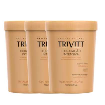 Três potes grandes de creme hidratante intensivo para cabelos. Cada pote contém 1kg e exibe o nome "Trivitt Hidratação Intensiva" parte frontal. Abaixo estão listados alguns dos ingredientes principais, como queratina vegetal, trealose e óleo de camélias.