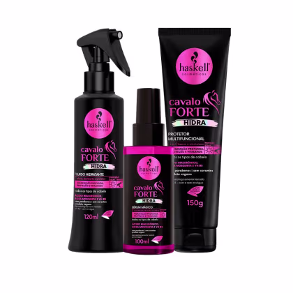 A imagem mostra um kit com fluido de tratamento, sérum capilar e leave-in. Todos da linha Cavalo Forte Hidra da marca Haskell.