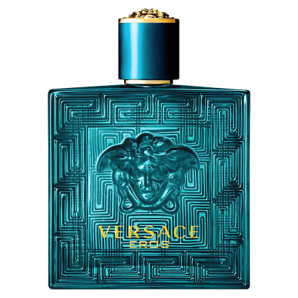 A imagem mostra o frasco de perfume da Versace, com forma quadrada e feito de vidro azul. No centro do frasco, há uma cabeça de medusa esculpida em alto relevo e o topo do frasco possui uma tampa azul com detalhes dourados.