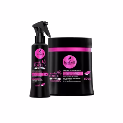 A imagem mostra um pote de máscara e um frasco do fluido de tratamento capilar. Ambos da linha Cavalo Forte da marca Haskell.
