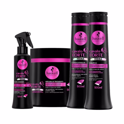 A imagem mostra um kit com fluido de tratamento, máscara, shampoo e condicionador, todos da linha Cavalo Forte Hidra da marca Haskell.