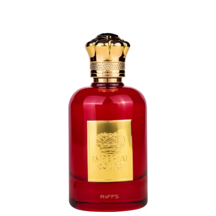 Perfume em frasco de vidro vermelho com tampa dourada ornamentada. Rótulo dourado na parte frontal com o texto "Imperial Rouge" e a marca "Riiffs" na parte inferior. O frasco tem formato retangular com cantos arredondados.