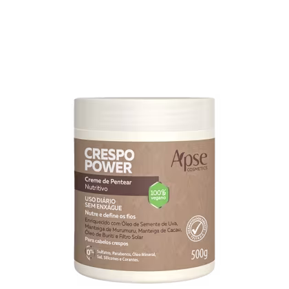 Creme de pentear nutritivo da linha Crespo Power da marca Apice Cosmetics. A embalagem é um pote branco com uma faixa marrom na parte superior, contendo o nome do produto "Crespo Power" e informações sobre sua composição e benefícios.