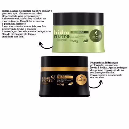 A imagem mostra um kit com duas máscaras capilares, sendo uma da linha hidranutre e outra da linha cavalo forte. Ao lado textos destacam benefícios.