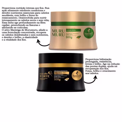A imagem mostra um kit com duas máscaras capilares, sendo uma da linha murumuru e outra da linha cavalo forte. Ao lado textos destacam benefícios.