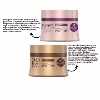 A imagem mostra um kit com duas máscaras capilares, sendo uma da linha Ametista e outra da linha Mandioca. Ao lado textos destacam benefícios.