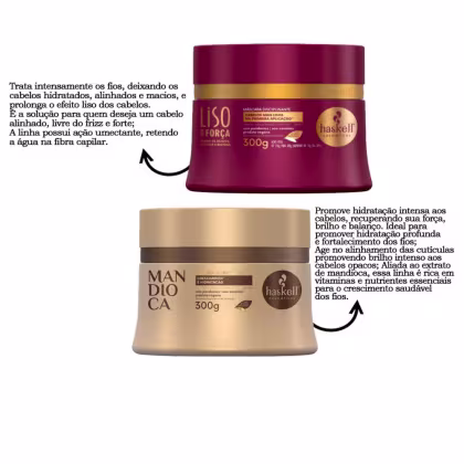 A imagem mostra um kit com duas máscaras capilares, sendo uma da linha Liso com Força e outra da linha Mandioca. Ao lado textos destacam benefícios.