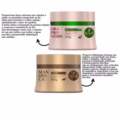 A imagem mostra um kit com duas máscaras capilares, sendo uma da linha Ora Pro Nóbis e outra da linha Mandioca. Ao lado textos destacam benefícios.