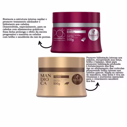 A imagem mostra um kit com duas máscaras capilares, sendo uma da linha Pós Progressiva e outra da linha Mandioca. Ao lado textos destacam benefícios.