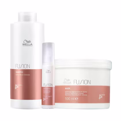 A imagem mostra três produtos de cuidados capilares da linha Fusion da Wella Professionals. Um é o shampoo Intense Repair Shampoo de 1L, um tratamento reconstrutor em frasco redondo comprido e uma máscara de 500g em pote redondo.