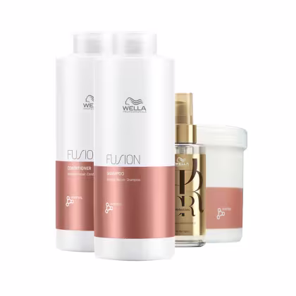 A imagem mostra três produtos de cuidados capilares da Wella Professionals. Um é o shampoo Shampoo de 1L, o outro é o condicionador de 1L, um óleo capilar e uma máscara de 500g em pote redondo.