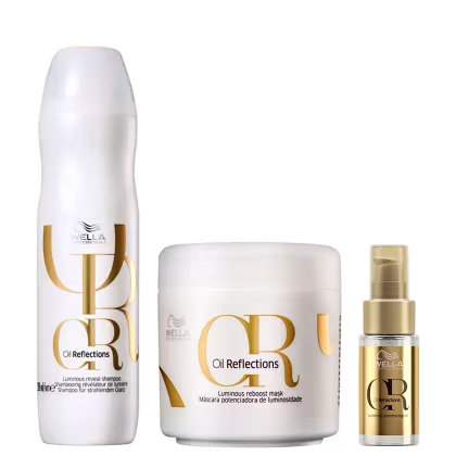 Shampoo, máscara e óleo capilar da linha Oil Reflections da marca Wella Professionals.