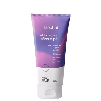 O produto apresentado é um esfoliante 2 em 1 para mãos e pés da marca Labotrat. A embalagem é um tubo plástico de cor lilás e branca, com o nome da marca e do produto claramente visíveis. Volume de 100g.