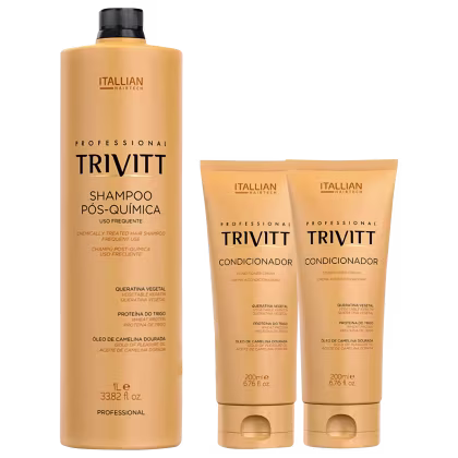 Um shampoo pós-química e dois condicionadores. O shampoo vem em uma embalagem de 1 litro, enquanto os condicionadores estão em embalagens de 200ml.