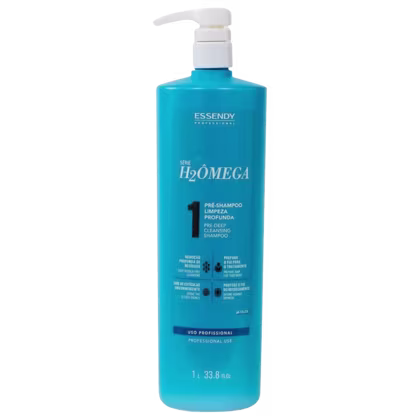 O produto apresentado é um shampoo da linha H2Omega da marca Essendy. O frasco possui um dispensador de bomba branco na parte superior.
