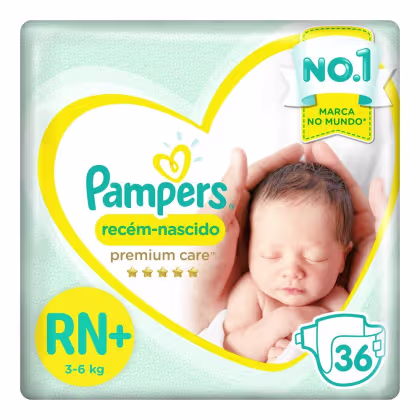 Pacote de fraldas Pampers recém-nascido, tamanho RN+, com 36 unidades. Embalagem com design em tons de verde e amarelo, destacando a marca "Pampers" e o selo "No. 1 marca no mundo".