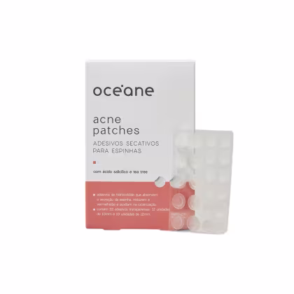 A imagem mostra a embalagem dos adesivos secativos, com uma cartela de patches ao lado. O rótulo é branco com a parte de baixo na cor salmão.