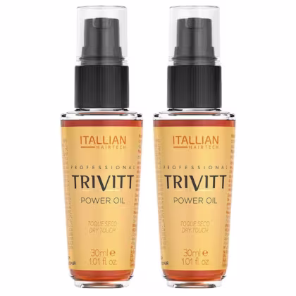 Dois frascos de Power Oil da marca Itallian Hairtech. Rótulos amarelos com o nome "Trivitt Power Oil" e a descrição "Toque Seco/Dry Touch". Informações adicionais como "Profissional" e o volume de 30ml.