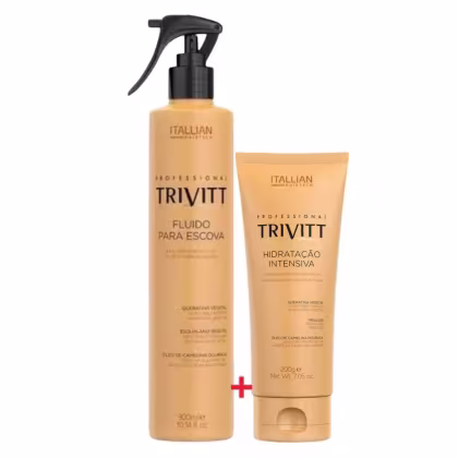 Um pote de creme hidratante intensivo e um frasco de spray fluido para escova. O creme hidratante é apresentado em um pote de 200g, enquanto o fluido para escova está em um frasco de 300ml.