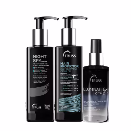 Kit com óleo capilar Illuminatte Oil, tratamento noturno Night Spa e protetor térmico Hair Protector da marca TRUSS.