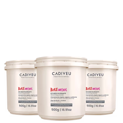 Três potes brancos de pó descolorante da marca Cadiveu Professional, indicando o produto "Buriti Mechas". Cada pote possui 500g e apresenta informações sobre o conteúdo e benefícios do produto.