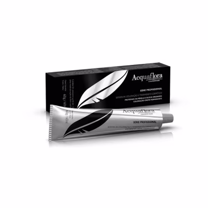 Caixa preta e tubo prateado da linha profissional de cosméticos Acquaflora, contendo sistema de coloração e tratamento capilar com proteínas da pérola e silício orgânico.