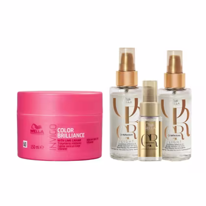 A imagem mostra um pote redondo de máscara capilar de 150ml, e três frascos de óleo capilar, dois com rótulos brancos e um com rótulo dourado.