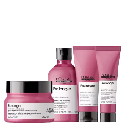 A imagem mostra um kit da L'Oréal Professionnel Pro Longer com um pote arredondado de máscara, um frasco arredondado de shampoo e duas bisnagas com leave-in e condicionador. Todos de cor rosa escuro, rótulo branco e tampa preta.