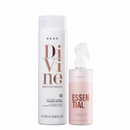 Dois produtos de cabelo da marca Braé. Um é um shampoo antifrizz chamado "Divine Absolutely Smooth" em uma embalagem cilíndrica branca de 250ml. O outro é um spray reparador de cabelos chamado "Essential" em uma embalagem spray rosa de 260ml.