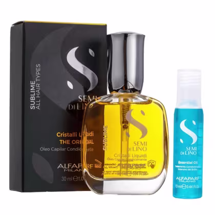 Conjunto de produtos Alfaparf Milano, incluindo um frasco de óleo capilar Cristalli Liquidi The Original e um frasco de óleo essencial Semi di Lino, ambos em embalagens pretas e amarelas com logotipo da marca.