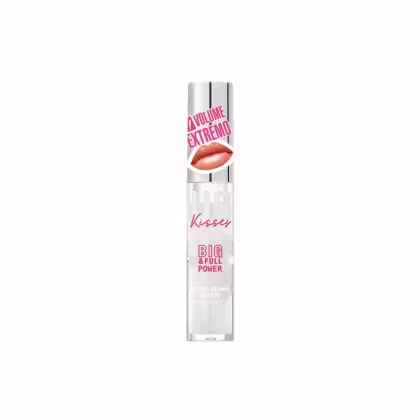 A imagem mostra um frasco de gloss labial transparente com tampa prata e letras rosas.