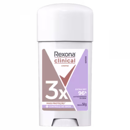 Desodorante antitranspirante Rexona Clinical Creme, em embalagem branca com detalhes em tons de cinza e roxo, indicando proteção extra seca por 96h.