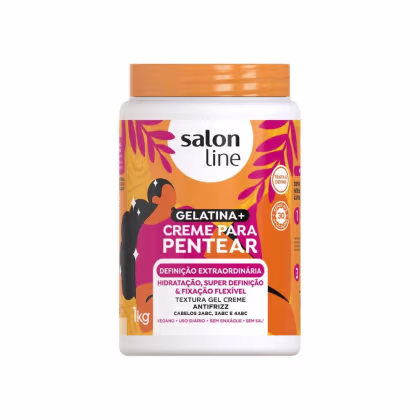 O produto apresentado é um creme para pentear da marca Salon Line. A embalagem é um pote branco com tampa laranja, contendo 1 kg do produto.