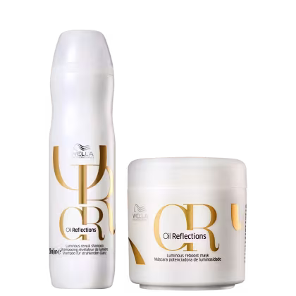 Kir com shampoo e máscara capilar da linha Oil Reflections de Wella Professionals.