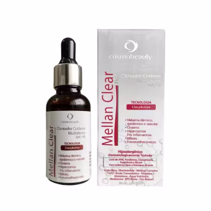 O produto é um Clareador Cutâneo Multifuncional da marca Cosmobeauty, em um frasco conta-gotas com rótulo branco e vermelho. O rótulo destaca a tecnologia "ClaraActive" e menciona propriedades como melasma, hipercromias e fotoenvelhecimento.