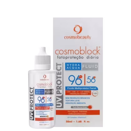 Fluido multiprotetor facial da marca Cosmobeauty, chamado Cosmoblock. A embalagem é um frasco branco com um rótulo laranja e branco, contendo informações sobre o produto, como o fator de proteção solar 90/50 e a tecnologia Hydra Acqua Fluid.