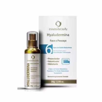 Sérum facial da marca Cosmobeauty, chamado Hyaludermina. O rótulo do produto exibe o nome "Hyaludermina" e algumas informações sobre suas propriedades, como "Preenchedor", "Volumizador" e "Hidratante".