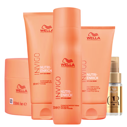 Kit com shampoo, condicionador, máscara e leave-in Invigo Nutri-Enrich, além de um óleo capilar Oil Reflections de Wella Professionals.