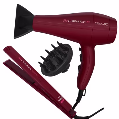 Imagem de um secador de cabelo e chapinha, de cor vermelho vinho. Conta com bico de difusor.