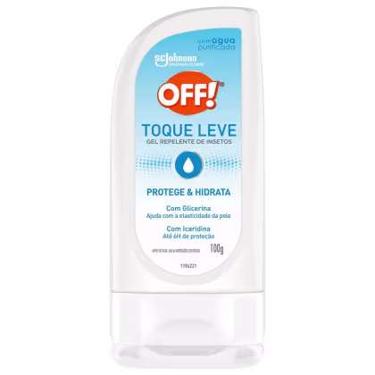 Frasco branco e azul de gel repelente de insetos da marca OFF!, com rótulo indicando "Toque Leve" e informações sobre proteção e hidratação da pele.