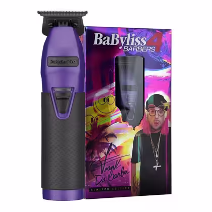 Aparelho de acabamento para cabelo da marca BaByliss, Barbers 4. Um modelo na cor roxa com detalhes pretos. Uma caixa de papelão com uma imagem colorida e psicodélica de um homem usando óculos, com o texto "BaByliss Barbers" e "Limited Edition".