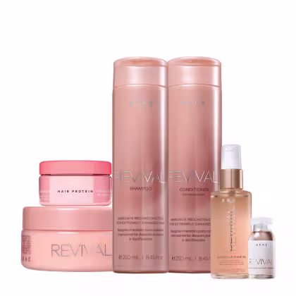 Este é o conjunto completo de cuidados capilares Revival da Braé, para cabelos extremamente danificados. O conjunto inclui shampoo, condicionador, máscara de tratamento profundo, óleo de brilho, leave-in e tratamento instantâneo em doses.