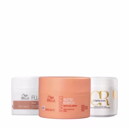 No centro, há uma máscara nutritiva Nutri-Enrich Deep Nourishing Mask with Goji Berry" de 150ml. À esquerda, um pote de 150ml da linha Fusion com uma máscara capilar À direita, uma máscara da linha Oil Reflections com 150ml.