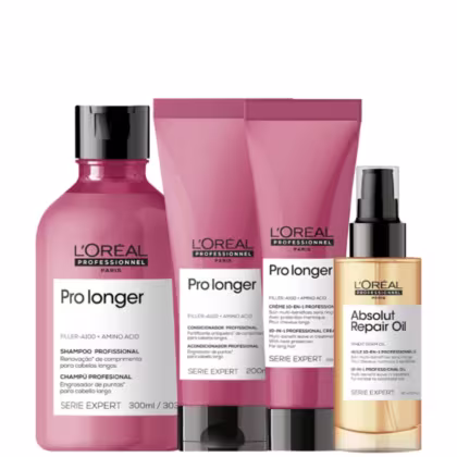 A imagem mostra um kit da L'Oréal Professionnel com um frasco arredondado de shampoo, duas bisnagas, uma de condicionador e uma de leave-in e um frasco plástico dourado com aplicador spray preto. Todos com rótulo branco e tampa preta.